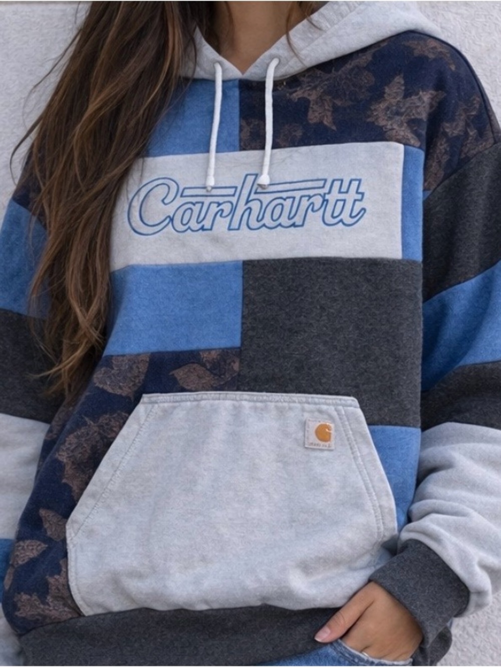 Carhartt Upcycled Two Tone Patchwork Blue & Gray Relaxed Fit Soft Hoodie Sweater